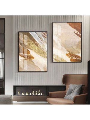Harikabirev Krem Gold Bej Soyut Abstract Kombin  Çerçeveli Cam Tablo  2'li