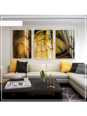 Harikabirev Siyah Gold Soyut Tüy Seti  Çerçeveli Cam Tablo 3'lü