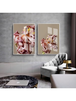 Harikabirev Bej Gül Kurusu Kadife Çiçek Kombini  Çerçeveli Cam Tablo  2'li