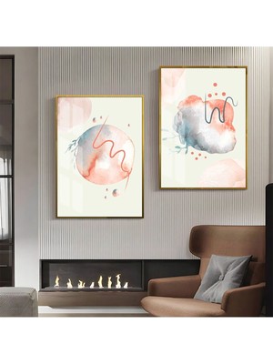 Harikabirev Pembe Mavi Krem Desenli Soyut Kombini Çerçeveli Cam Tablo  2'li