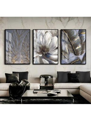Harikabirev Gri Beyaz Sarı Çiçek Kombin  Çerçeveli Cam Tablo 3'lü