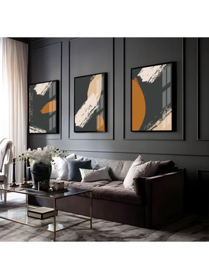Harikabirev Turuncu Krem Soyut Kombin  Çerçeveli Cam Tablo  3'lü
