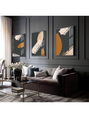 Harikabirev Turuncu Krem Soyut Kombin  Çerçeveli Cam Tablo  3'lü