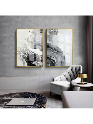 Harikabirev Siyah Beyaz Dalga Soyut Kombini  Çerçeveli Cam Tablo  2'li
