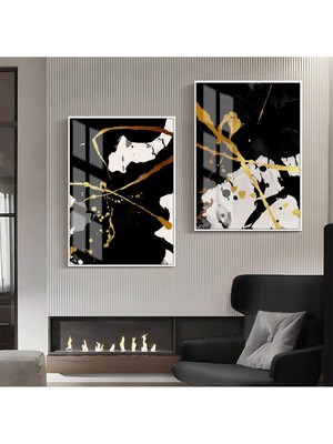 Harikabirev Gold Siyah Gri Soyut Şekil Kombin 06  Çerçeveli Cam Tablo  2'li