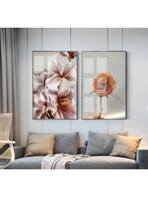 Harikabirev Pembe Gül Ve Çiçek Kombini  Çerçeveli Cam Tablo  2'li