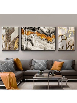 Harikabirev Beyaz Gold Abstract Gül Kombini  Çerçeveli Temperli Cam Tablo 3'lü