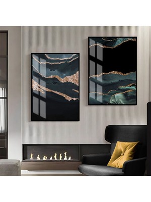 Harikabirev Yeşil Gold Luxury Desenli Soyut Kombini 05 Çerçeveli Cam Tablo  2'li