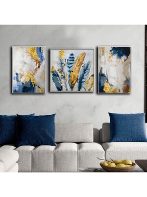 Harikabirev Mavi Beyaz Gold Desenli Tüy Kombin Seti  Çerçeveli Saatli Cam Tablo