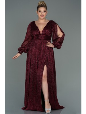 Uzun Kol Yırtmaçlı Simli Büyük Beden Abiye ABU3154