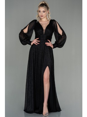 Abiyefon Uzun Kol Bacak Dekolteli Simli Abiye Elbise ABU2905