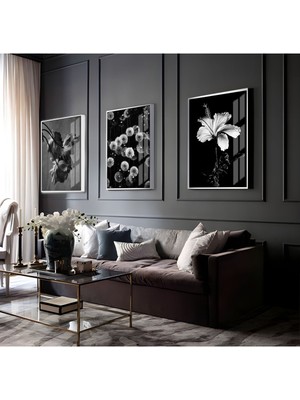 Harikabirev Siyah Beyaz Çiçekler Kombini  Çerçeveli Cam Tablo  3'lü