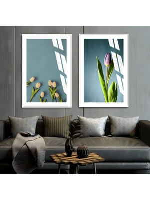 Harikabirev Mavi Yeşil Yapraklı Çiçekler Çerçeveli Cam Tablo  2'li