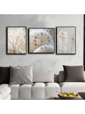 Harikabirev Ekru Beyaz Palmiye Buğday Çiçek Kombini   Çerçeveli Saatli Cam Tablo