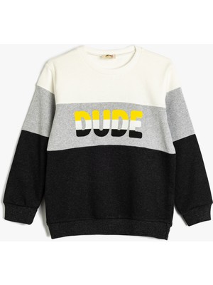 Koton Sweatshirt Renk Bloklu Bisiklet Yaka Slogan Baskılı