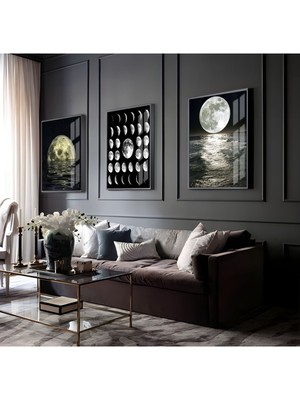 Harikabirev siyah-Beyaz Ay Döngüleri Kombini |çerçeveli Cam Tablo  3lü Dikey