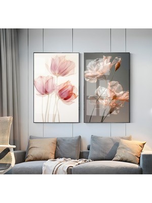 Harikabirev pembe-Gri Çiçek Kombini 01 |çerçeveli Cam Tablo  2li Dikey