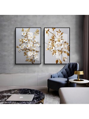 Harikabirev beyaz-Gold Desenli Çiçek Kombini 02 |çerçeveli Cam Tablo  2li Dikey
