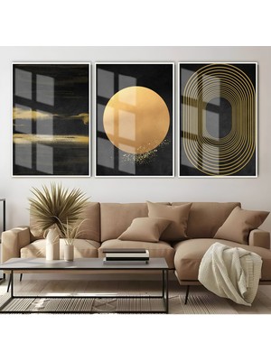 Harikabirev siyah-Gold Soyut Kombin 01 |çerçeveli Cam Tablo  3lü Dikey