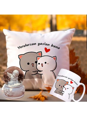 Md Yorulursan Yaslan Bana Puf Yastık & Kupa & Beyaz Melek Işıklı Kar Küresi
