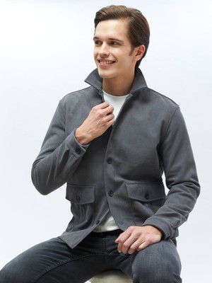 Kip Gri Fitilli Regular Fit Dokuma Kadife Overshırt