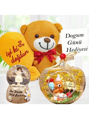Doğum Günü Hediyesi Işıklı Teraryum & Iyiki Doğdun Balonlu Ayıcık & Işıklı Melek Kar Küresi