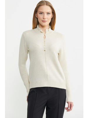 Metal Düğme Detaylı Triko Kazak - Taş