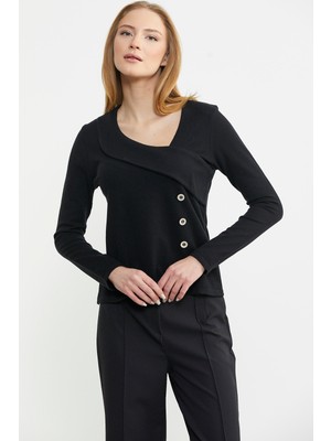 Yaka Detaylı Triko Kazak - Siyah