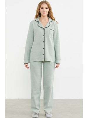 Düğmeli Gömlek Model Pijama Takım - Yeşil