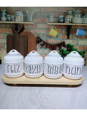 Devigo 4 Adet Seramik 400 ml Tuz/kekik/biber/nane Kavanoz Seti Baharatlık Seti