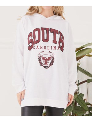 Tex Republic Kadın Sıfır Yaka Baskılı Oversize Sweatshirt