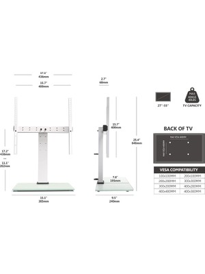 Beyaz Masa Üstü Tv Standı - 27-55 Inç Tv'ler Için Yükseklik Ayarlı ve Kablo Yönetimli