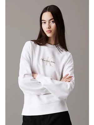 Kadın Textured Monologo Sweatshirt - Beyaz