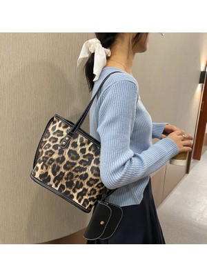 Nancy Kadınlar Için Siyah Leopar Desenli Geniş Moda Tote Çanta Omuz Çantası (Yurt Dışından)