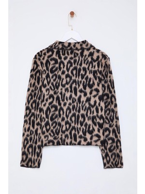 Ersefa Stil Modern Kadın Regular Standart Kol Polo Yaka Leopar Desenli Triko Hırka