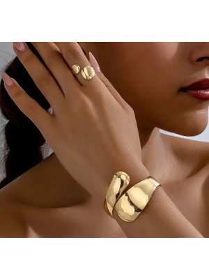 SE Jewellery Gold Ayarlanabilir Kelepçe Bileklik Yüzük Set