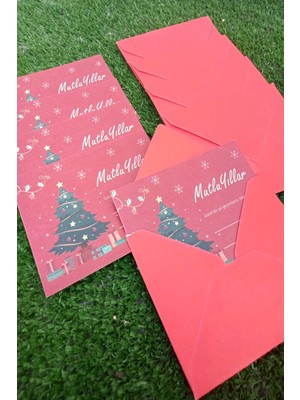 Emtory Home 20 Adet Kırmızı Zarflı Çam Ağaçlı Yılbaşı Tebrik Kartı - 9X6CM Kuşe Hediye Kartı - Yılbaşı Süsü