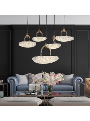 Firuze 5'li 30 Watt Sarkıt Eskitme Kristal Taşlı Modern Tasarım Salon LED Avize