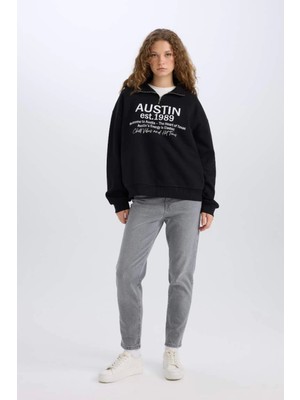 DeFacto Oversize Geniş Kalıp Yarım Fermuarlı Sırt Baskılı Sweatshirt E1525AX24WN