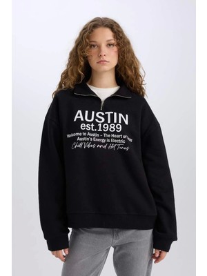 DeFacto Oversize Geniş Kalıp Yarım Fermuarlı Sırt Baskılı Sweatshirt E1525AX24WN