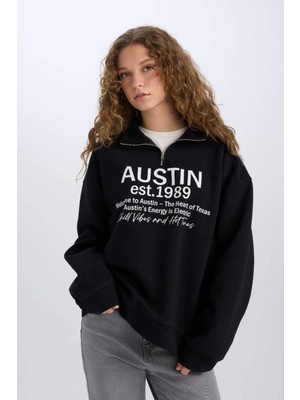 DeFacto Oversize Geniş Kalıp Yarım Fermuarlı Sırt Baskılı Sweatshirt E1525AX24WN