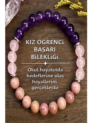 NehirTaş Sertifikalı   Doğal Taş Kız Öğrenci Başarı Bilekliği 8 mm ( Ametist - Pembe Kuvars - Rodonit )