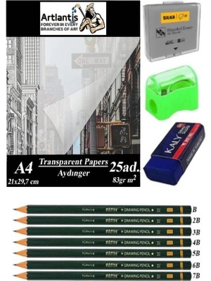 Artlantis Aydınger Kağıdı A4 83 gr 25'li 1 Paket Eskiz Kağıdı Fatih Dereceli Kalem Hamur Silgi Sınav Silgisi Kalemtraş