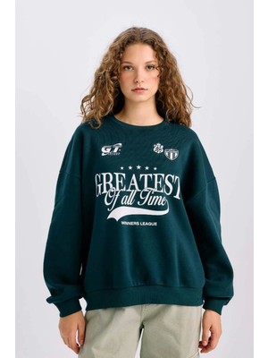DeFacto Loose Fit Bisiklet Yaka Baskılı Kalın Sweatshirt E1696AX24WN