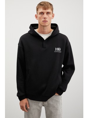 Hannes Erkek Kapüşonlu Çıt Çıt Kapamalı Baskılı Siyah Sweatshirt