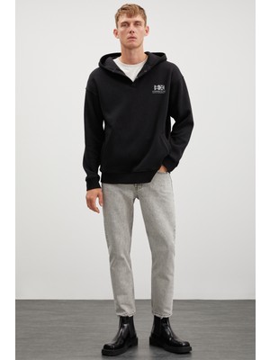 Hannes Erkek Kapüşonlu Çıt Çıt Kapamalı Baskılı Siyah Sweatshirt