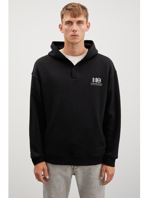 Hannes Erkek Kapüşonlu Çıt Çıt Kapamalı Baskılı Siyah Sweatshirt