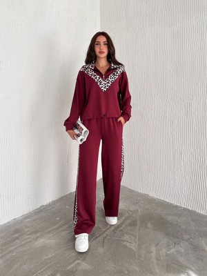 Kadın Scuba Kumaş Leopar Desen Şeritli Önü Yarım Fermuarlı Sweatshirt Bol Paça Eşofman Takım