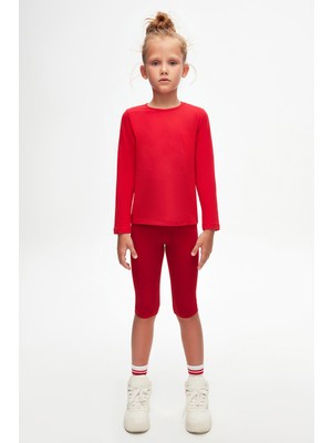 Açık Kırmızı Basic Mevsimlik Likralı Uzun Kollu Kız Çocuk Tişört