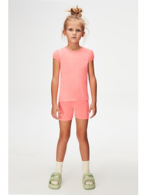 Fosfor Fuşya Basic Kız Çocuk Sıfır Yaka Karpuz Kol Tişört